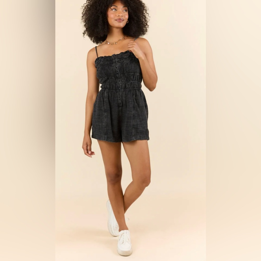 Pink Lily Make The Time Black Gauze Smocked Romper